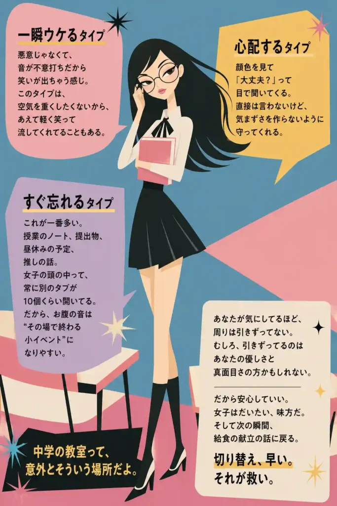 黒髪ロングで丸メガネの女子を中心に、「一瞬ウケる」「心配する」「すぐ忘れる」など女子の反応を示す吹き出しが配置された、60年代風フラットデザインの図