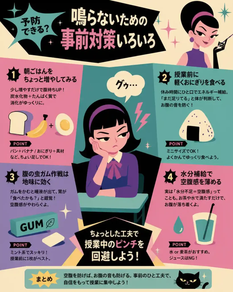 授業中にお腹が鳴るのを防ぐための事前対策を紹介したインフォグラフィック。朝ごはんを少し増やす、授業前に軽くおにぎりを食べる、ガムをかんで空腹をやわらげる、水分補給で空腹感を抑えるなど、4つの具体的な方法をイラスト付きでわかりやすくまとめている。