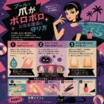 プール後に爪が乾燥したり色が変わったりする理由と、洗う・乾かす・保湿するなどの爪ケアを紹介するレトロ調インフォグラフィック