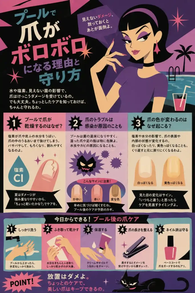 プール後の爪ダメージの原因（塩素・乾燥・菌）と対策（洗浄・乾燥・保湿・長さ調整・ベースコート）を、半袖の少女キャラクターと共に示したレトロ調インフォグラフィック