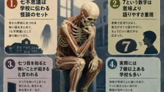 タイトル「学校の七不思議はなぜ7つ？」の正方形インフォグラフィック。中央で考えるポーズの人体模型を囲み、七不思議は学校怪談のセット、7は語りやすい数、七つ目は怖いと言われる、実際は7個以上ある学校も多い、の4点を整理している。