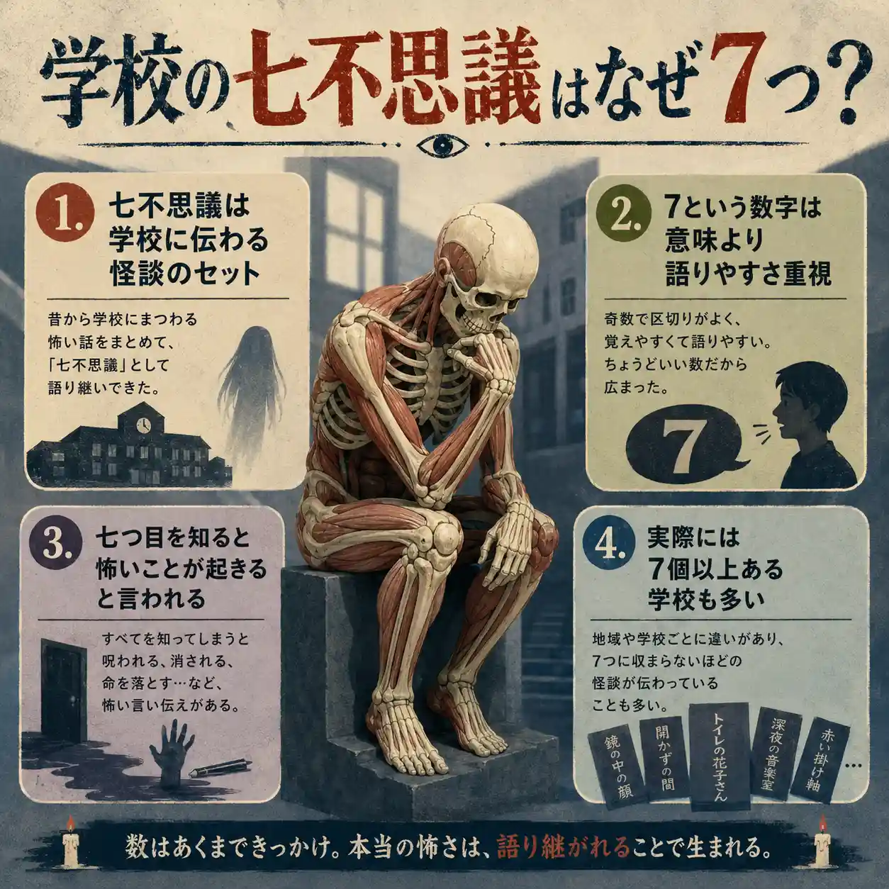 タイトル「学校の七不思議はなぜ7つ？」の正方形インフォグラフィック。中央で考えるポーズの人体模型を囲み、七不思議は学校怪談のセット、7は語りやすい数、七つ目は怖いと言われる、実際は7個以上ある学校も多い、の4点を整理している。