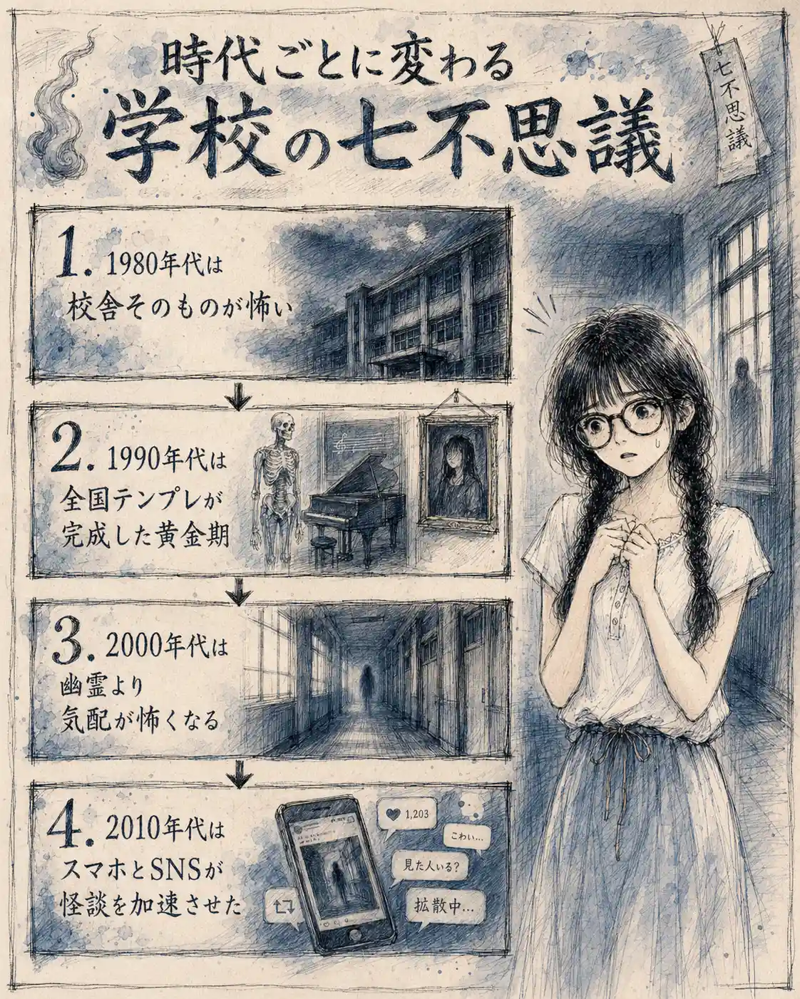 学校の七不思議が1980年代の校舎の怖さから、1990年代の定番化、2000年代の気配、2010年代のSNS拡散へ変化する流れを示した手描き風インフォグラフィック。