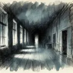 暗い夜の学校の廊下のイラスト