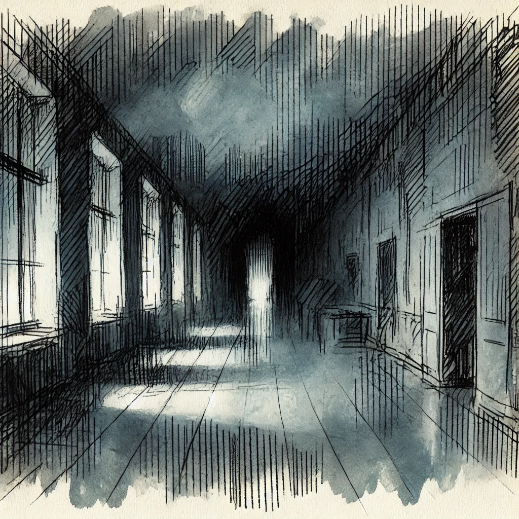 暗い夜の学校の廊下のイラスト