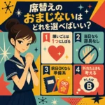 席替えのおまじないの選び方を、願いごとを1つにしぼる・当日なら道具なし・前日なら準備系など4つのポイントで示したレトロ風インフォグラフィック。