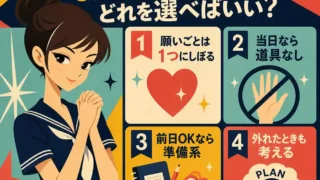 席替えのおまじないの選び方を、願いごとを1つにしぼる・当日なら道具なし・前日なら準備系など4つのポイントで示したレトロ風インフォグラフィック。