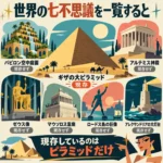 世界の七不思議を一覧で紹介し、ギザの大ピラミッドだけが現存していることを示したインフォグラフィック