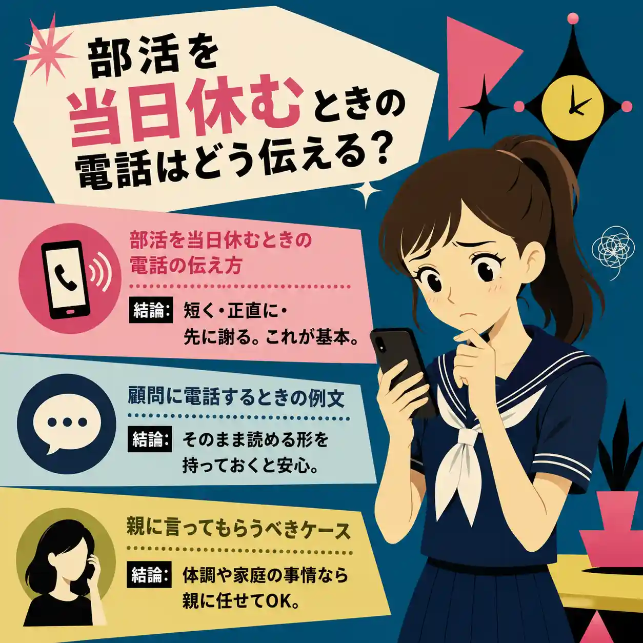 部活を当日休む電話の伝え方を解説するインフォグラフィック。困った表情の女子中学生がスマホを持ち、顧問への連絡や親に頼むケースを示している。