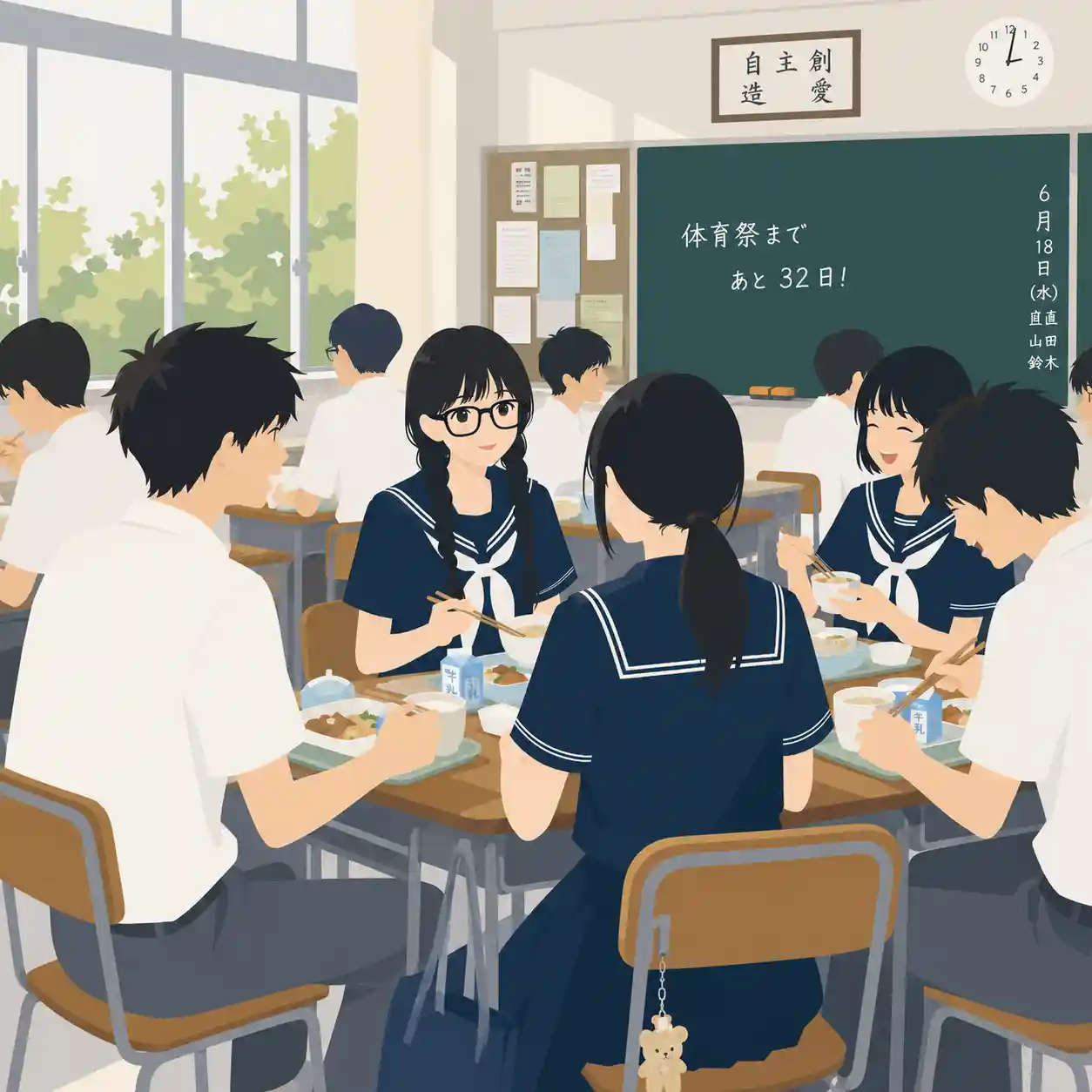 みんなで給食を食べている