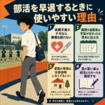 部活を早退するときに使いやすい理由をまとめたインフォグラフィック。サッカー練習を横目に帰る男子生徒と、体調不良やケガ、病院や歯医者、家庭の事情、塾や習い事の4つの理由を紹介している。