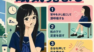 授業中に眠気をこらえる女子生徒のインフォグラフィック。背中を起こして深呼吸、机の下で足首回し、合谷押し、先生の言葉をメモする4つの眠気覚ましを紹介。