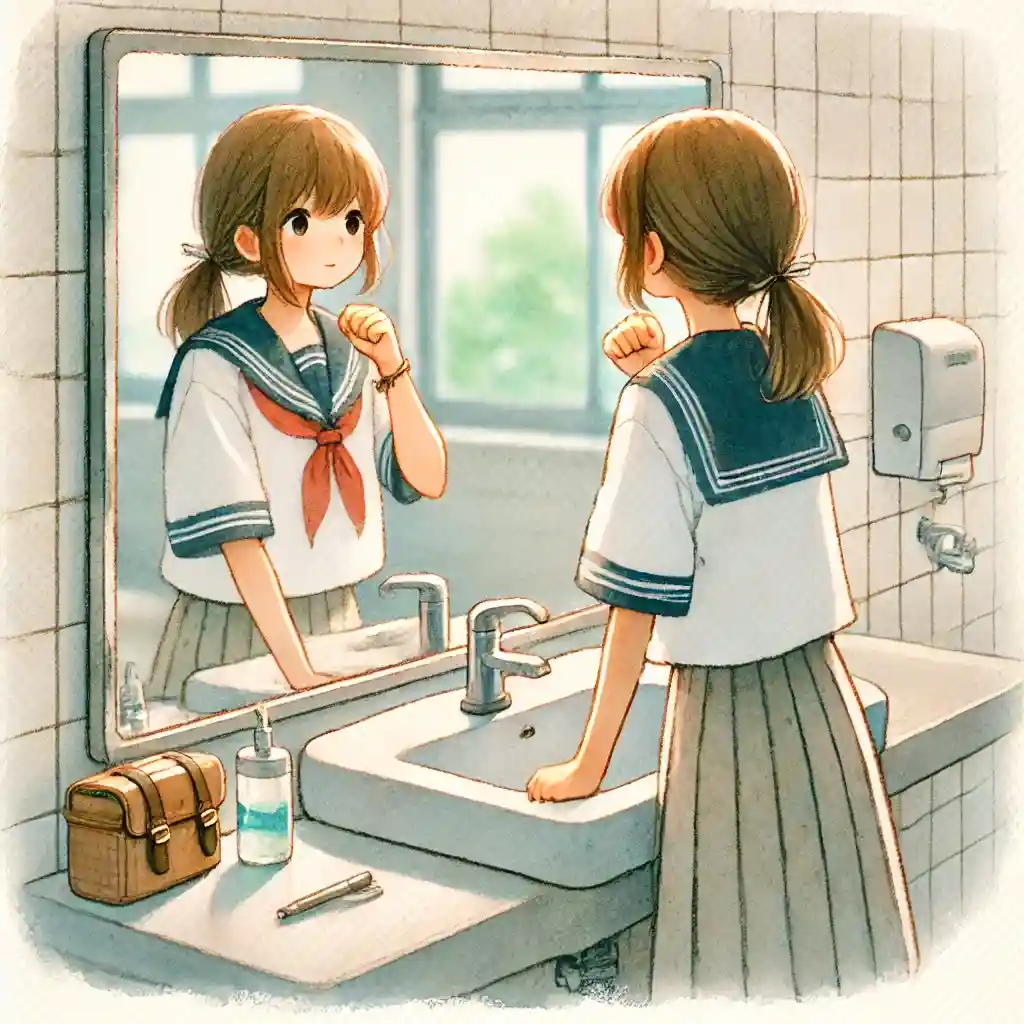 勝負の朝　ガッツポーズの女子