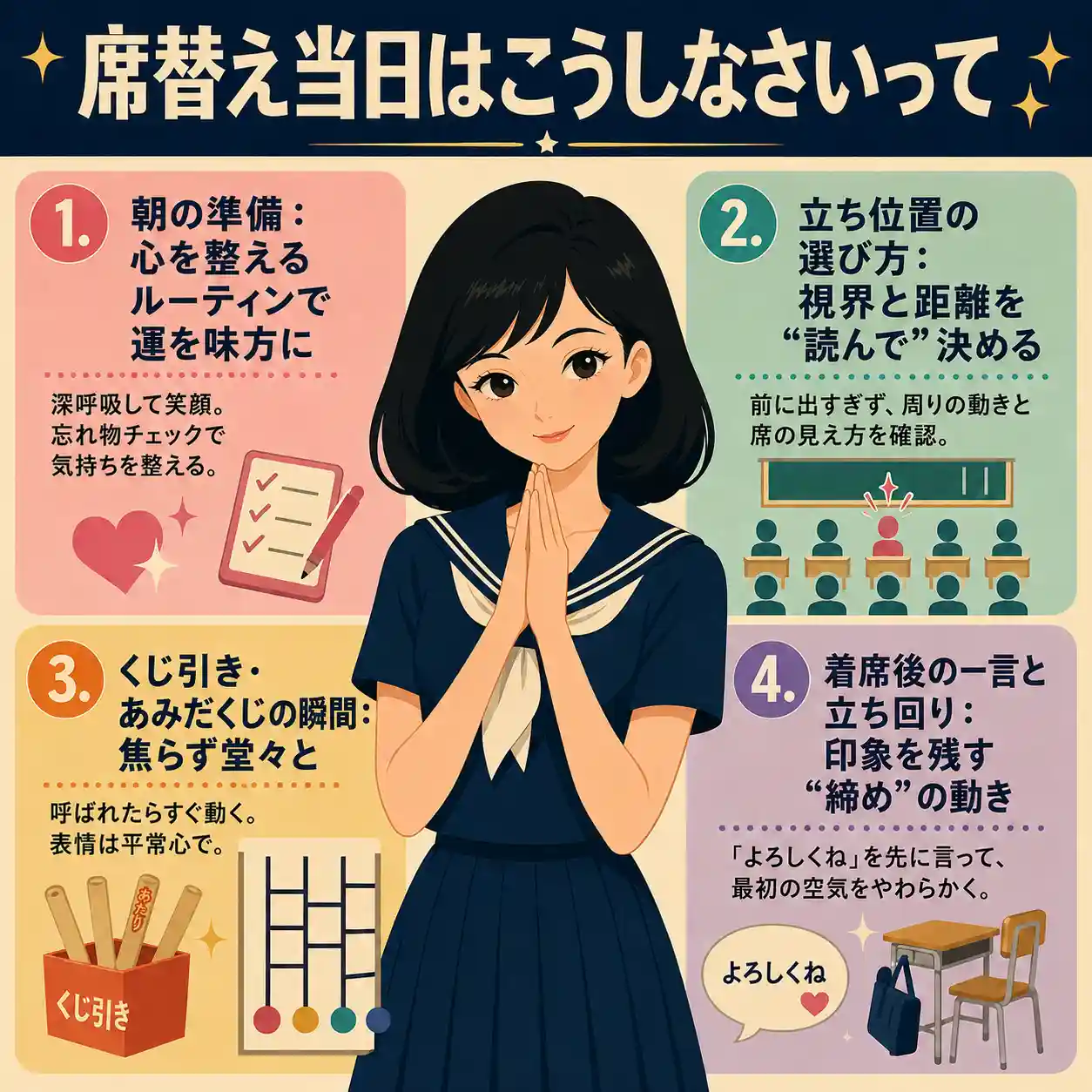 席替え当日に良い席を願って手を合わせる女子生徒と、くじ引きや着席後の行動をまとめたインフォグラフィック