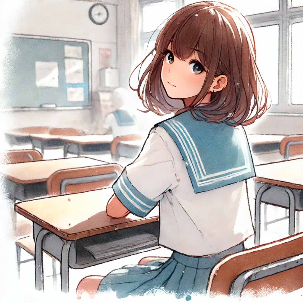 振り向いて視線を送る女子中学生