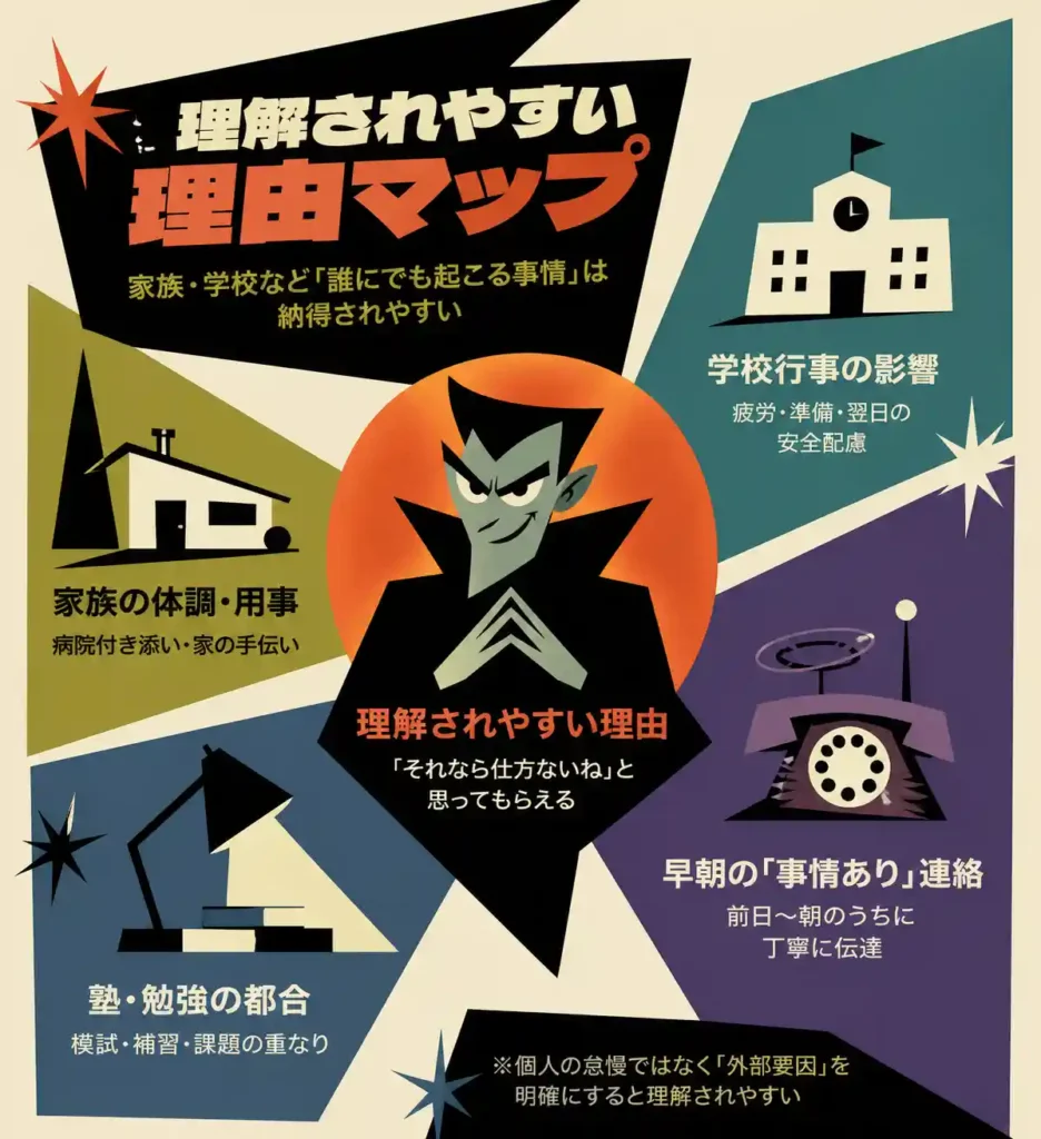 理解されやすい欠席理由を、家族の用事・学校行事・塾や勉強・早めの連絡の4つに分けて示したレトロ調インフォグラフィック。