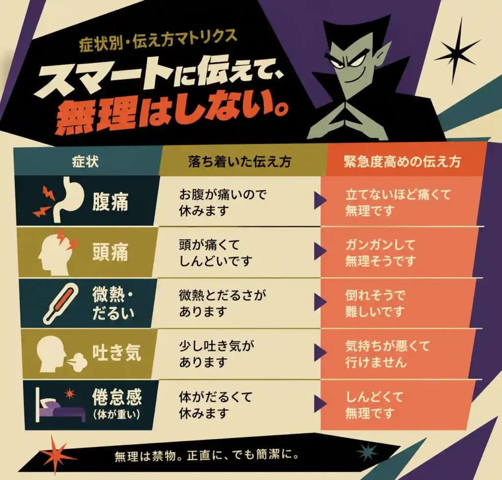 腹痛・頭痛・微熱・吐き気・倦怠感ごとに、落ち着いた伝え方と緊急度の高い伝え方を対比したレトロ調インフォグラフィック。