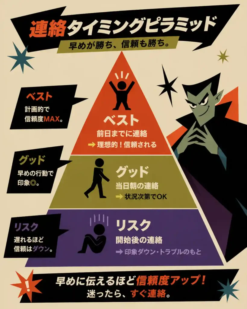 連絡タイミングを「前日・当日朝・開始後」の3段階で示し、早いほど信頼度が上がることをピラミッド構造で表したレトロ調インフォグラフィック。
