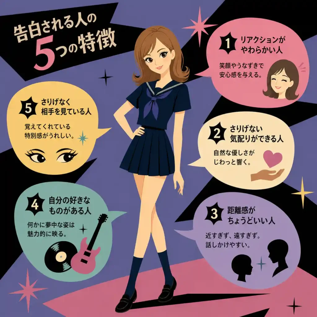 笑顔で優しそうな茶髪の女子生徒が中央に立ち、告白される人の特徴5つを吹き出しで紹介するレトロ調インフォグラフィック