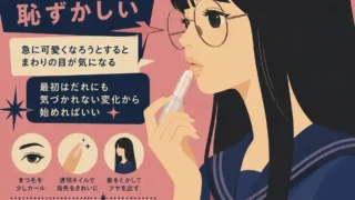 垢抜けたいけれど急に変わるのが恥ずかしい気持ちを、透明リップクリームを塗る横顔の女性と小さな美容習慣で表したレトロ風インフォグラフィック。