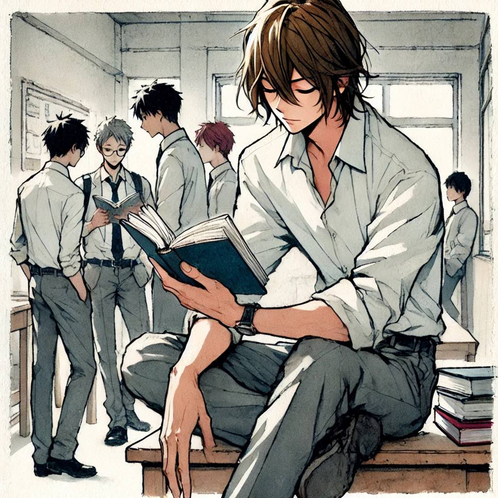 友達と離れて本を読む中学生男子