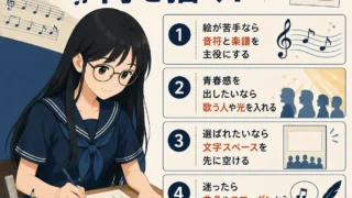 合唱コンの表紙絵アイデアを紹介するインフォグラフィック。黒髪ロングで丸メガネの女子生徒が机でイラストを描きながら、音符と楽譜、歌う人や光、文字スペース、曲名やスローガンを使うコツを4項目で解説している。