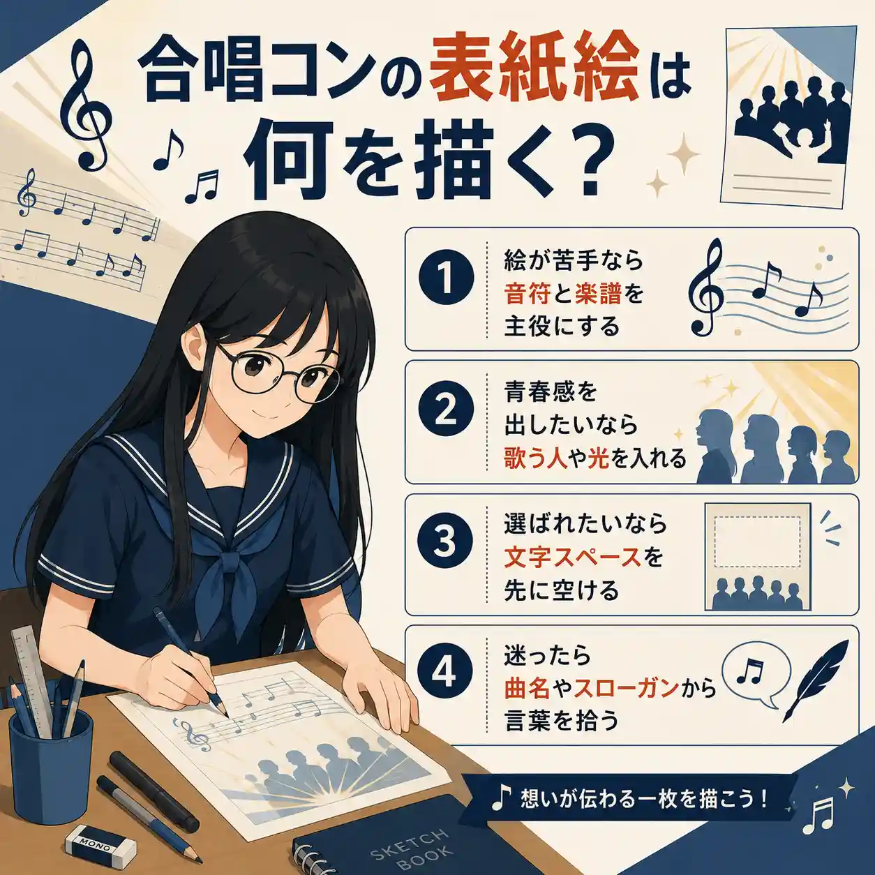 合唱コンの表紙絵アイデアを紹介するインフォグラフィック。黒髪ロングで丸メガネの女子生徒が机でイラストを描きながら、音符と楽譜、歌う人や光、文字スペース、曲名やスローガンを使うコツを4項目で解説している。