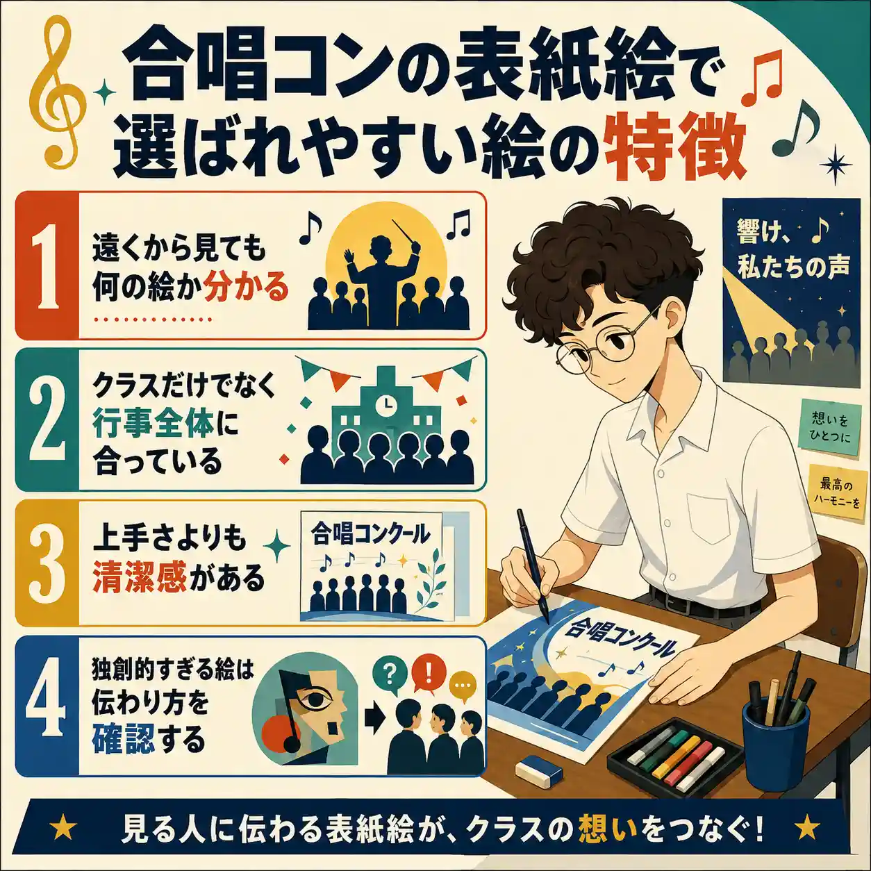 合唱コンの表紙絵で選ばれやすい絵の特徴を解説するインフォグラフィック。丸メガネの男子生徒が表紙絵を描きながら、遠くから分かる絵、行事全体に合う絵、清潔感、伝わり方の確認を4項目で紹介している。
