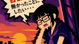 告白失敗に落ち込み、涙を流しながら夕焼けの窓辺でうつむくセーラー服の女子を描いた60年代風フラットイラスト。