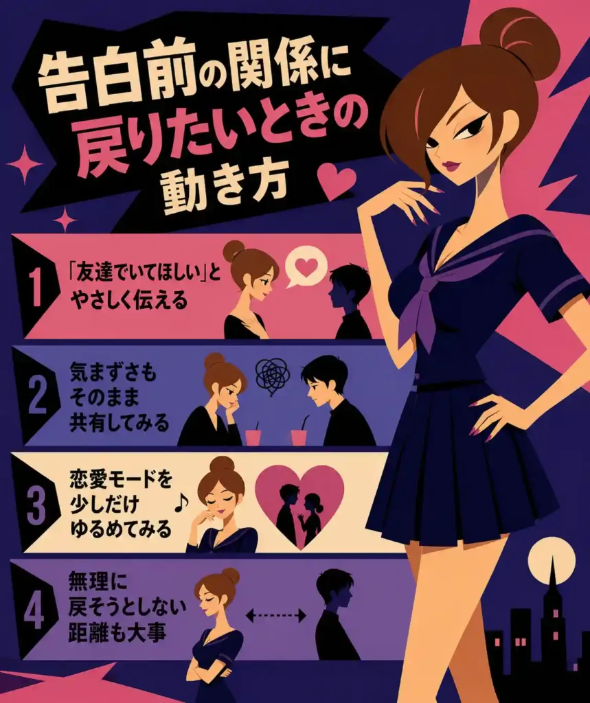 告白後に関係を戻す方法を4つの見出しで示す、濃紺セーラー服の女性を描いた60年代風フラットインフォグラフィック。