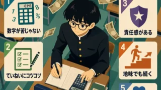 会計に向いている人の特徴を、教室で計算する学生と5つのポイントで示したインフォグラフィック