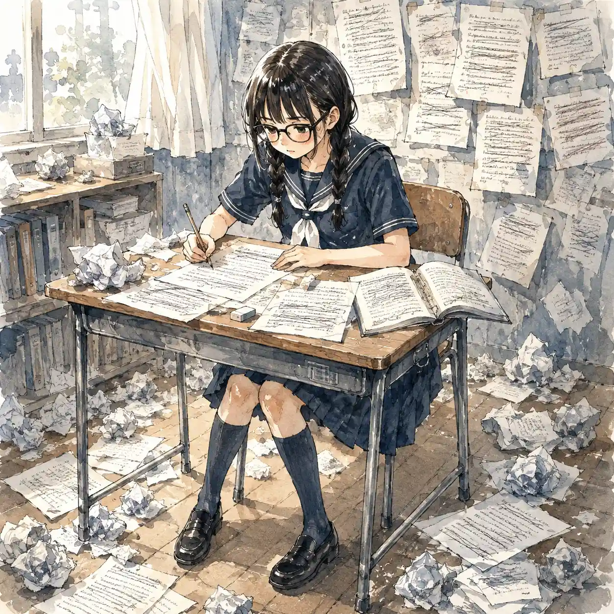 何度も書き直す女子
