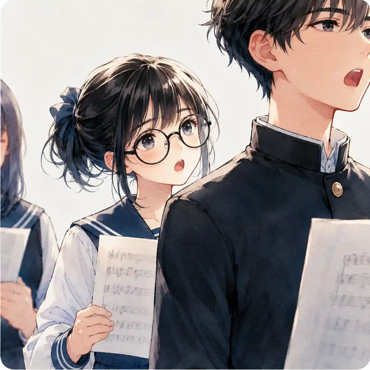 背の高い男子の後ろで歌う女子