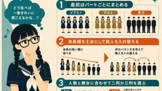合唱コンクールの基本的な並び方3つを、悩む女子生徒と図解で示したインフォグラフィック