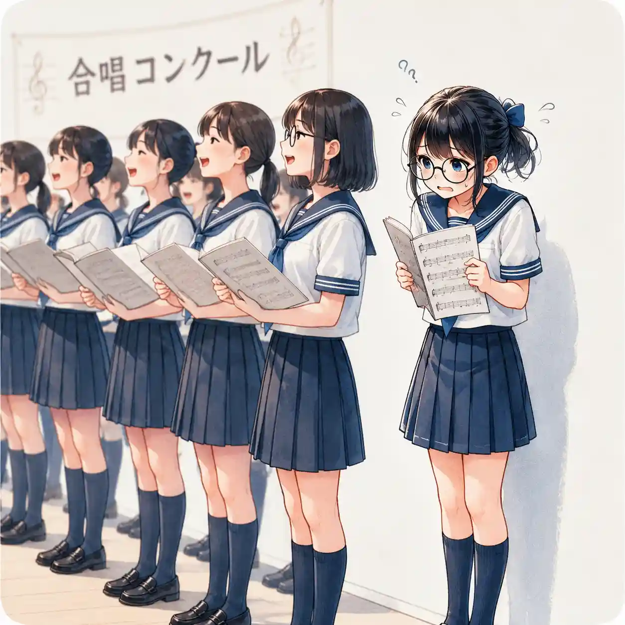パートの境目で音程が取れず焦る女子