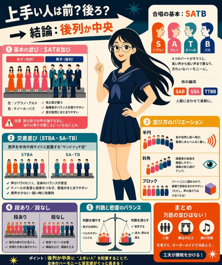 合唱の並び方を解説するインフォグラフィック。上手い人は後列か中央が良いと示し、SATBの基本配置、交差並び、半円や斜角などの応用、段差や密度の工夫を図解で説明。中央には黒髪ロングで丸メガネ、濃紺の夏用セーラー服を着た女性キャラクターが立ち、やわらかな表情でポイントを指し示している。