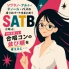 SATB（ソプラノ・アルト・テノール・バス）の説明と合唱コンクールの並び順の考え方を示すインフォグラフィック。黒髪ロングで丸メガネの女性が指差しながら解説し、強調された文字とシンプルなデザインで要点をわかりやすく伝えている。