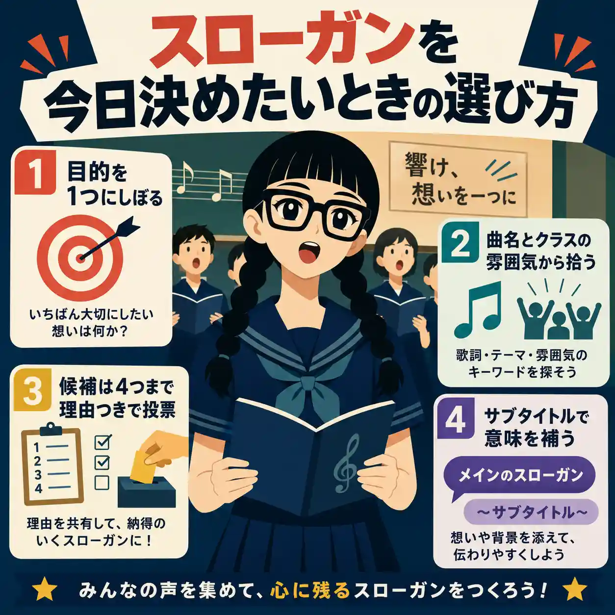 合唱する女子中学生と、今日中にスローガンを決めるための4つの手順を示したインフォグラフィック