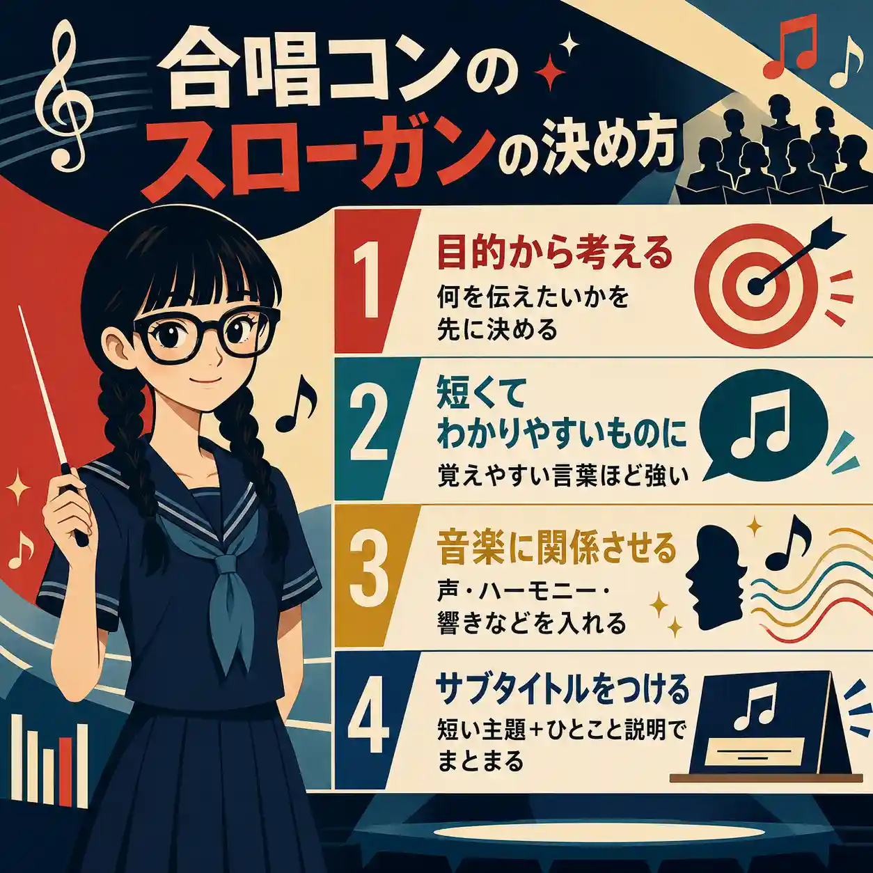 合唱コンのスローガンは、目的・短さ・音楽らしさ・サブタイトルで決めるとまとまりやすい。クラスの雰囲気に合う言葉の考え方を、わかりやすく紹介します。