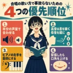 合唱の歌い方で事故らないための4つの優先順位を、合唱するセーラー服の女子生徒と4つのポイントで示したレトロ調インフォグラフィック