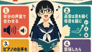 合唱の歌い方で事故らないための4つの優先順位を、合唱するセーラー服の女子生徒と4つのポイントで示したレトロ調インフォグラフィック