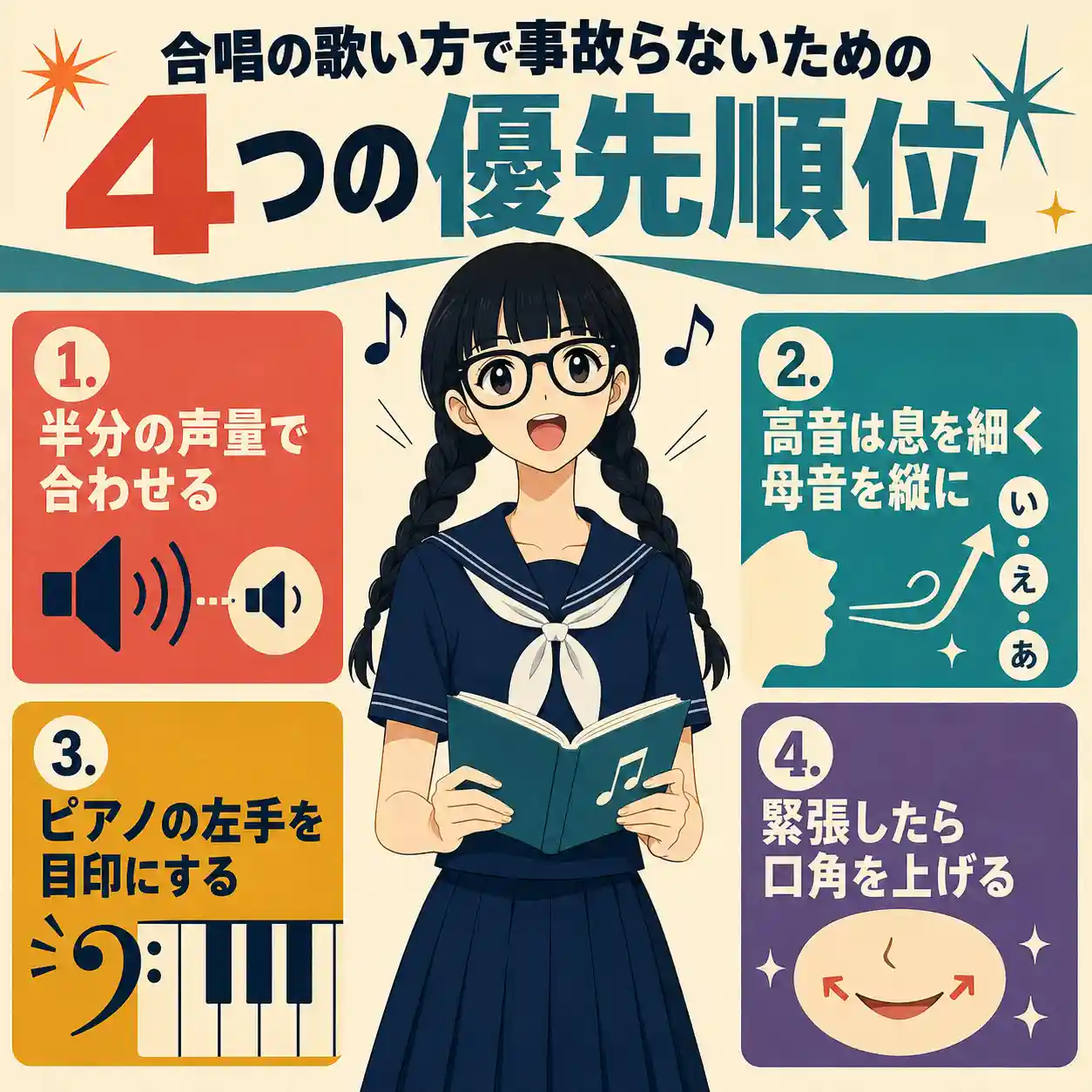 合唱の歌い方で事故らないための4つの優先順位を、合唱するセーラー服の女子生徒と4つのポイントで示したレトロ調インフォグラフィック