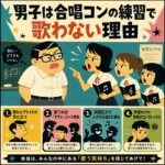 合唱コンの練習で男子が歌わない理由を、女子に怒られる男子のイラストと4つの要因で示したインフォグラフィック