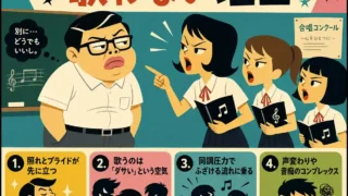 合唱コンの練習で男子が歌わない理由を、女子に怒られる男子のイラストと4つの要因で示したインフォグラフィック