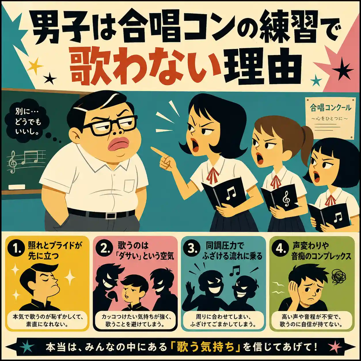 合唱コンの練習で男子が歌わない理由を、女子に怒られる男子のイラストと4つの要因で示したインフォグラフィック