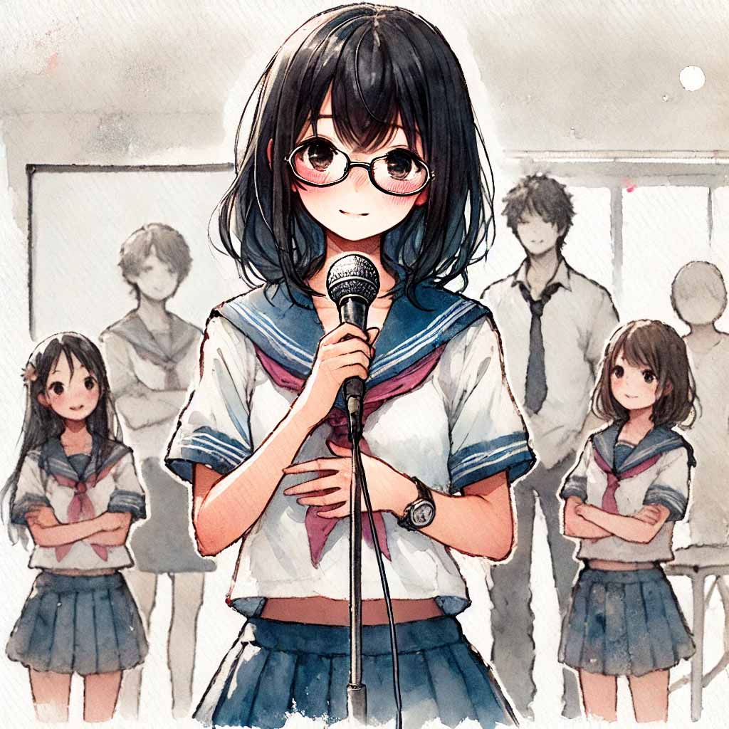 クラス紹介文を話す中学生女子
