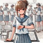 合唱コンの練習中　時間を気にする女子中学生