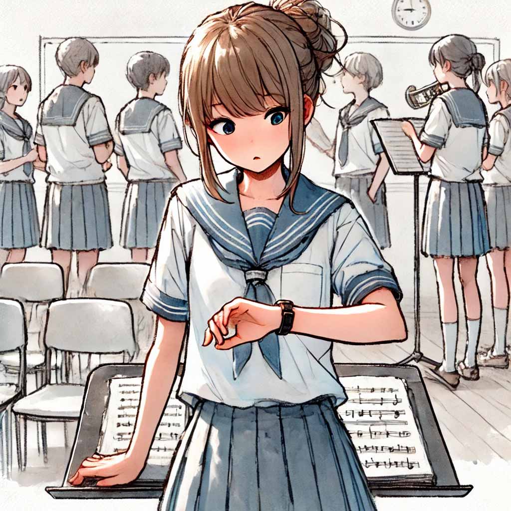 合唱コンの練習中　時間を気にする女子中学生
