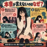 本音を言えず言葉を飲み込む女性と、その理由を4つに分けて示したインフォグラフィック