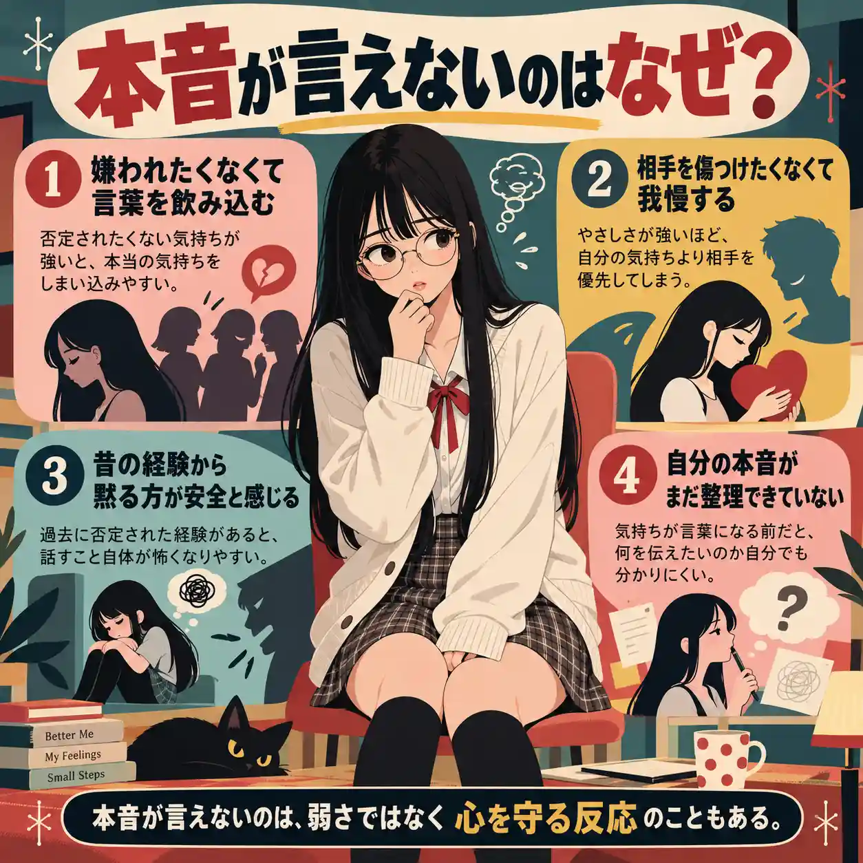 本音を言えず言葉を飲み込む女性と、その理由を4つに分けて示したインフォグラフィック